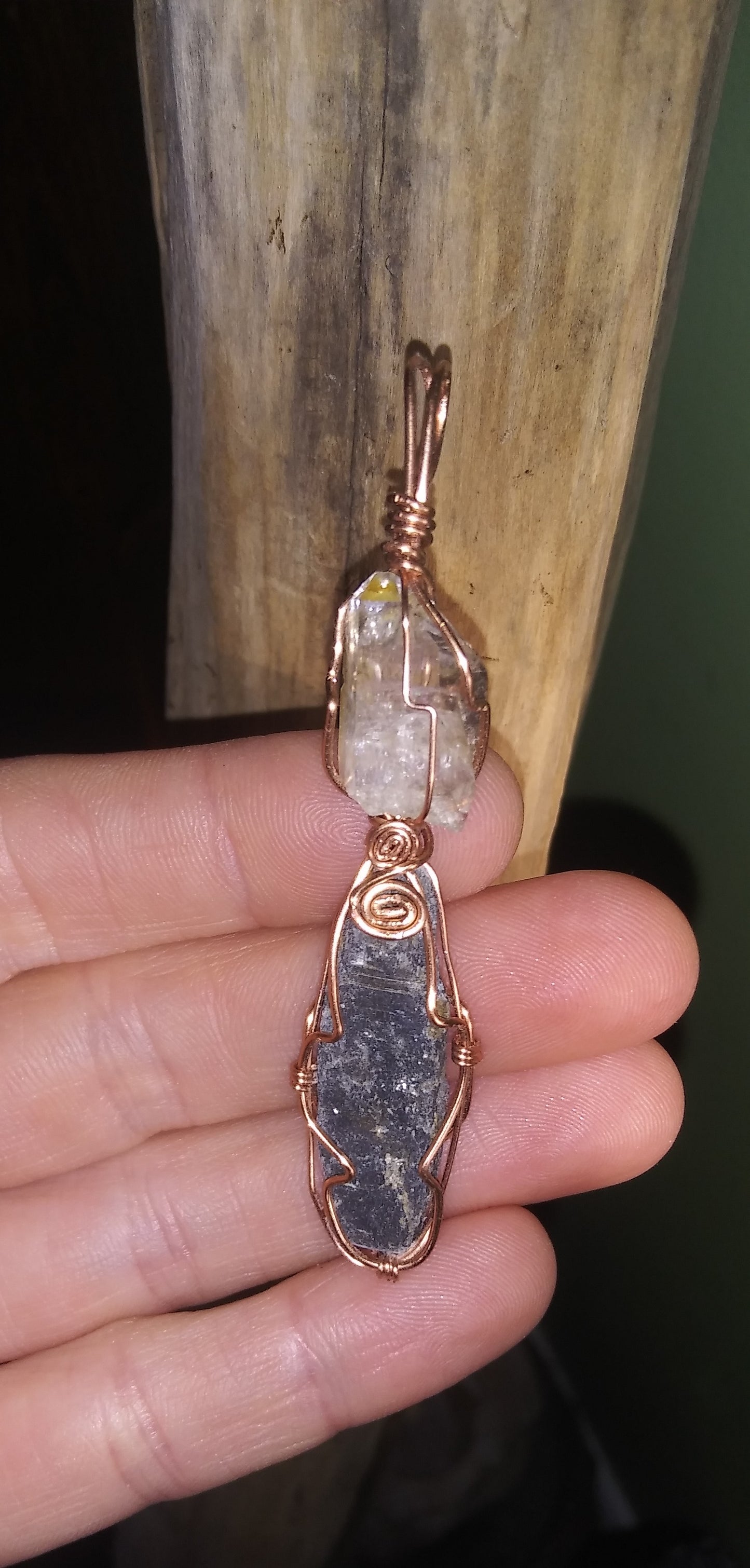 Quartz and Black Kyanite Crystal Pendant - Handmade - Wire wrapped - Copper - Metaphysical -