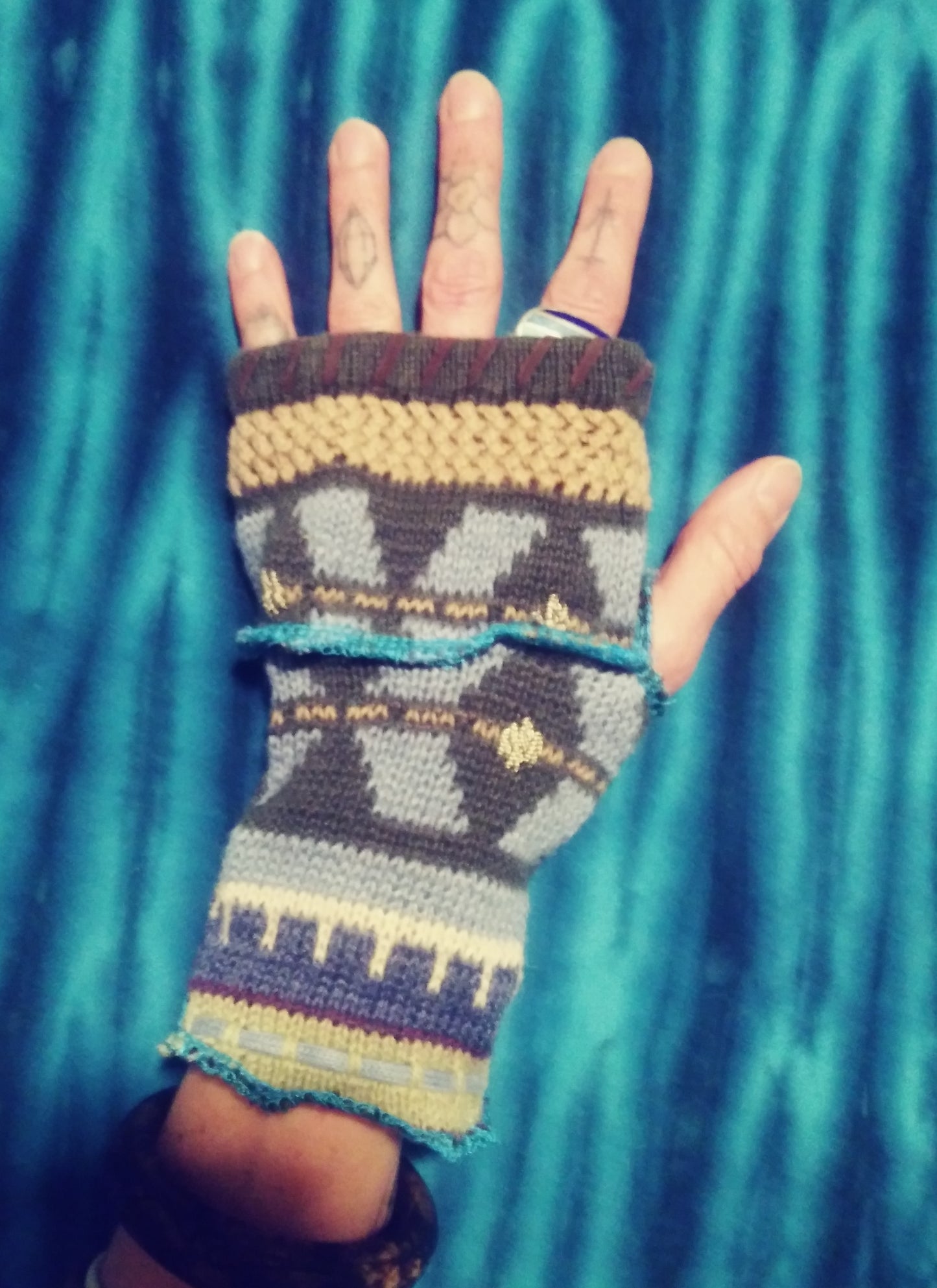 Patchwork Fingerless Gloves - Eco Hand Warmers - Ecofriendly - Upcycled - Handmade - size small