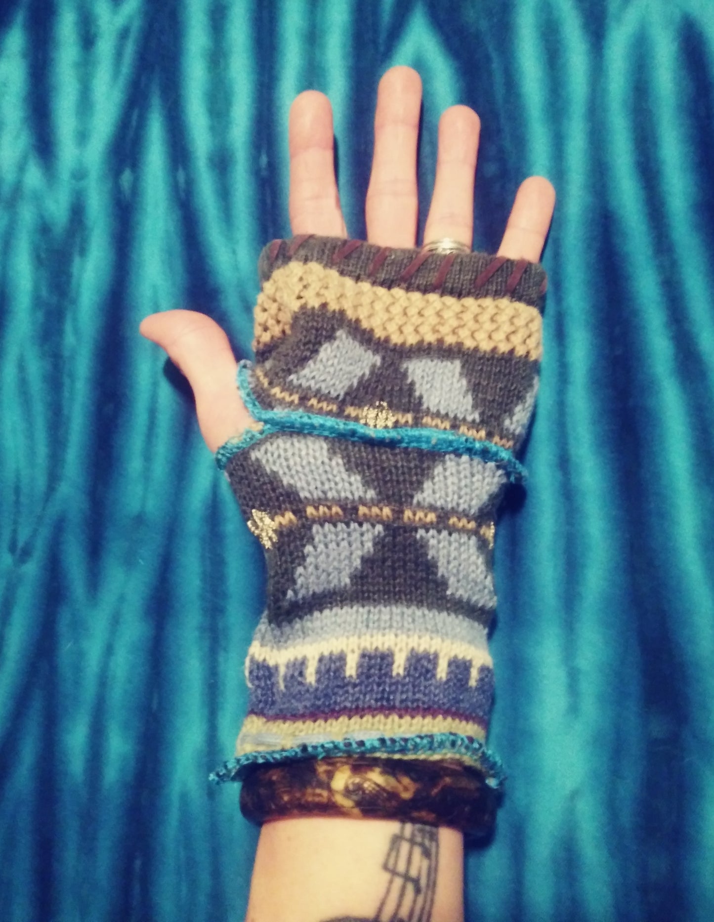 Patchwork Fingerless Gloves - Eco Hand Warmers - Ecofriendly - Upcycled - Handmade - size small